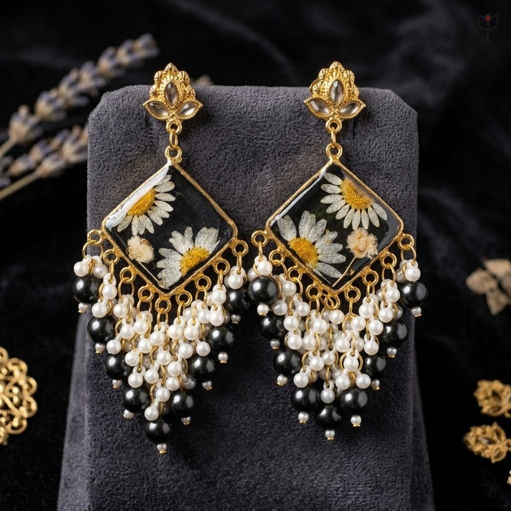 Close view of the pressed daisies and baby's breath sealed in black resin on the Onyx Daisy Jhumka.
