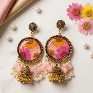 Rosy Daisy Meadow Jhumka - golden oxidised real daisy flower earrings with kundan beads