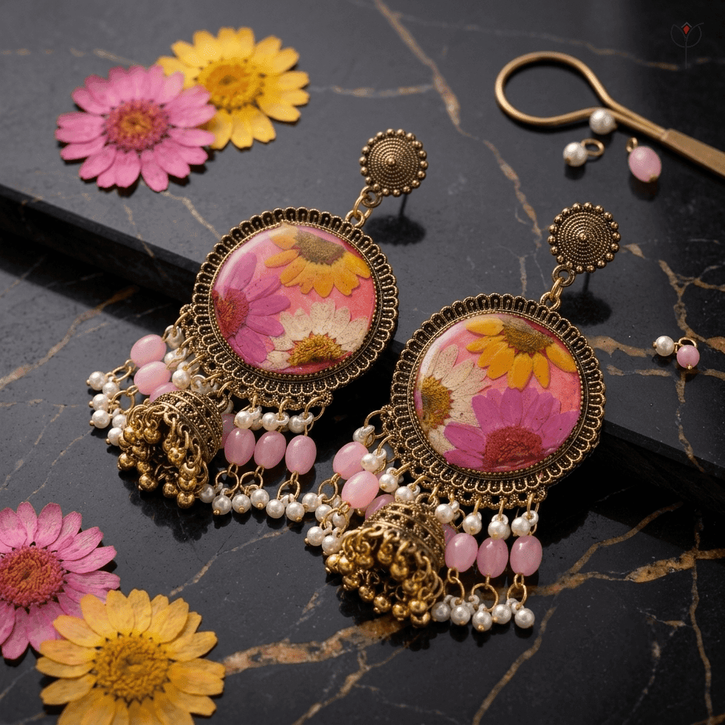 rosy-daisy-meadow-jhumka-pearl-tassel-side-view Rosy Daisy Meadow Jhumka side view with pink kundan beads and pearl tassels
