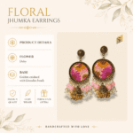 Rosy Daisy Meadow Jhumka product details - real flower, oxidised finish, kundan beads specifications