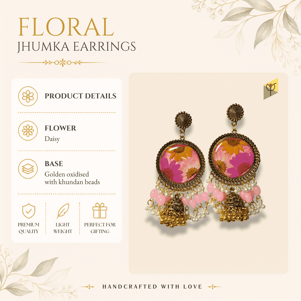 rosy-daisy-meadow-jhumka-product-details-specifications Rosy Daisy Meadow Jhumka product details - real flower, oxidised finish, kundan beads specifications