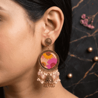 Rosy Daisy Meadow Jhumka styled for ethnic wear, pan-India COD available
