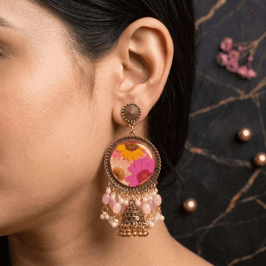 rosy-daisy-meadow-jhumka-styled-ethnic-look Rosy Daisy Meadow Jhumka styled for ethnic wear, pan-India COD available