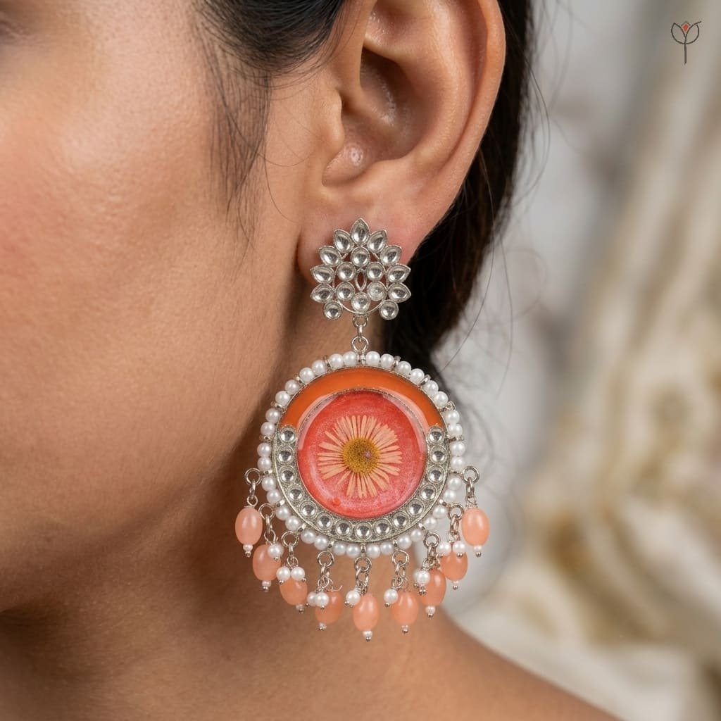 Model wearing the Sundried Aster Resin Jhumka, showing the chandbali drop and peach bead tassels against the shoulder.