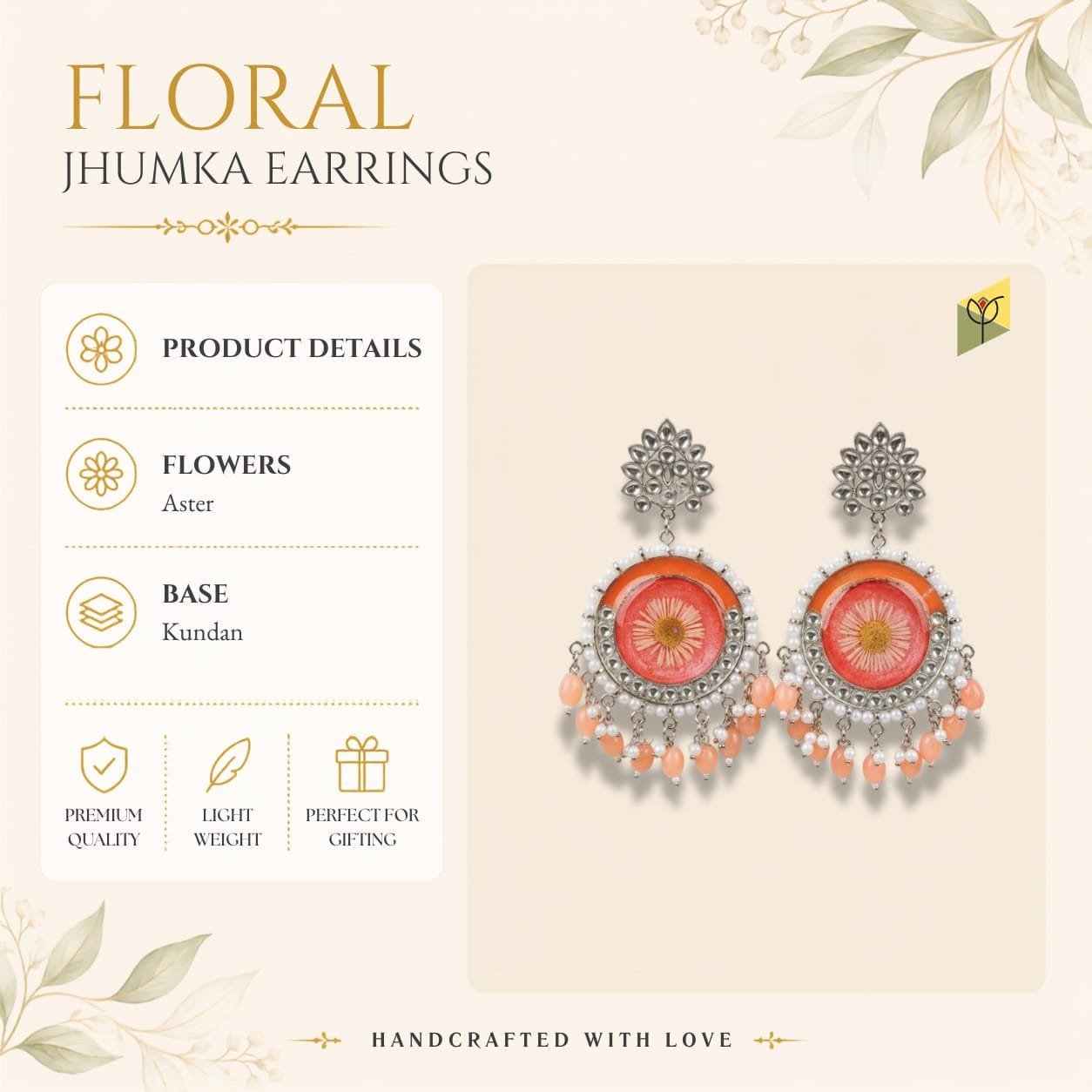 Detail of the peach bead and pearl tassels along the lower edge of the Sundried Aster Resin Jhumka.