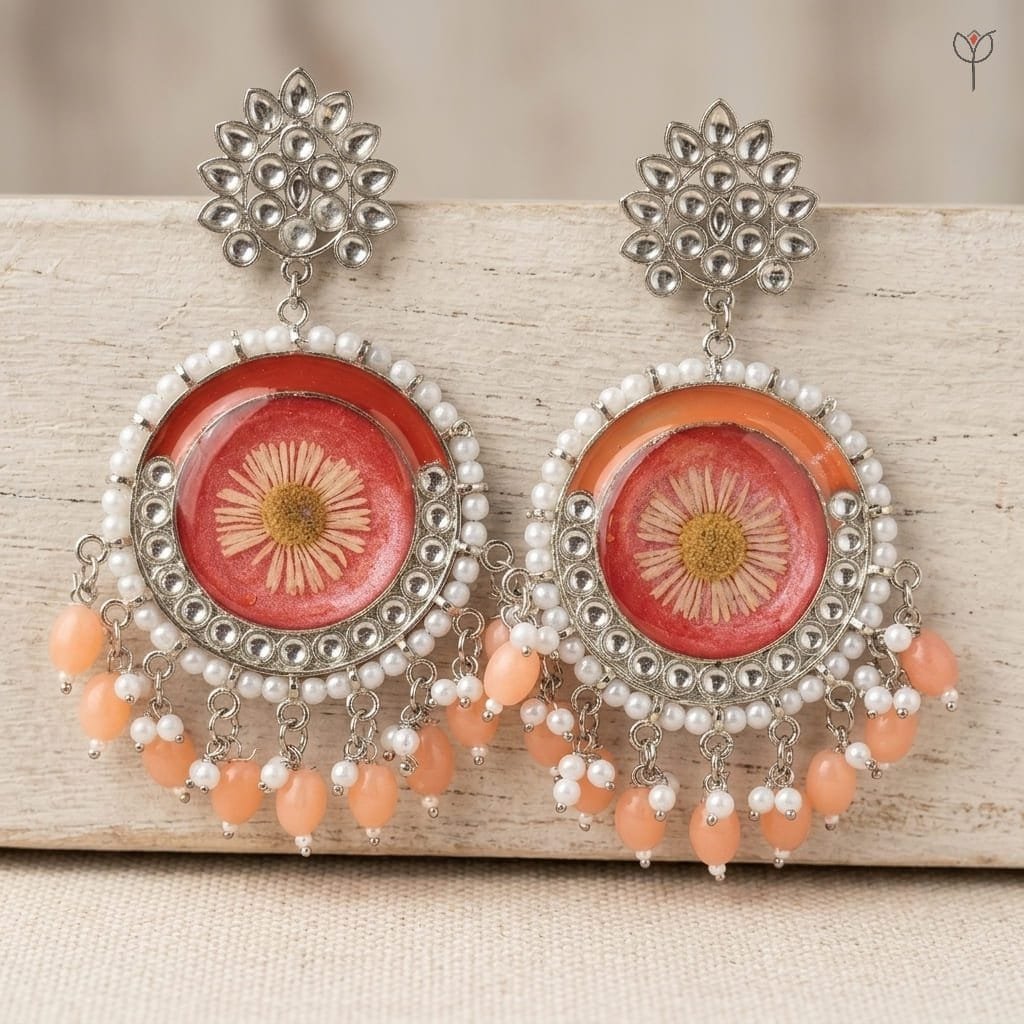 Sundried Aster Resin Jhumka with a pressed aster flower set in coral resin, framed in silver kundan with pearl beading.