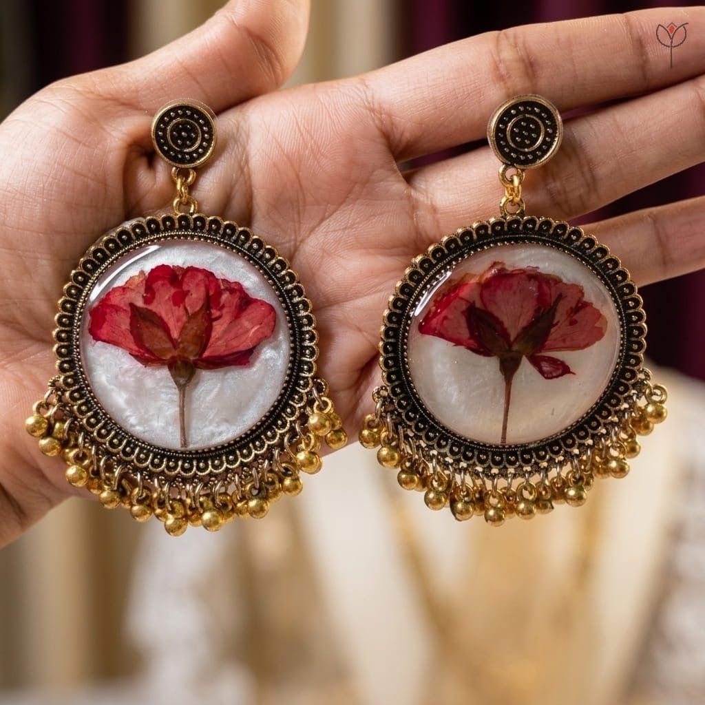 Close-up of real sundried rose flower sealed in resin jhumka