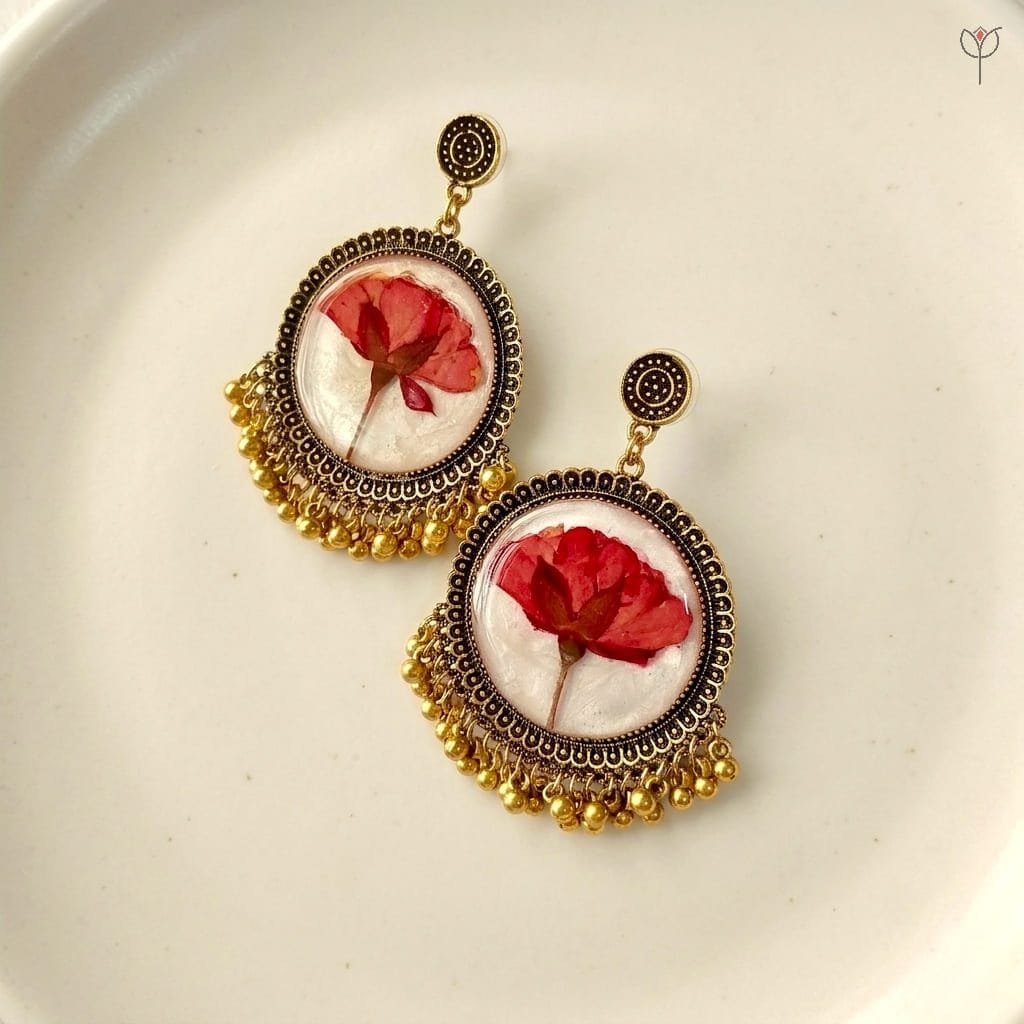 Sundried Rose Jhumka - golden oxidised earrings with real dried rose flower