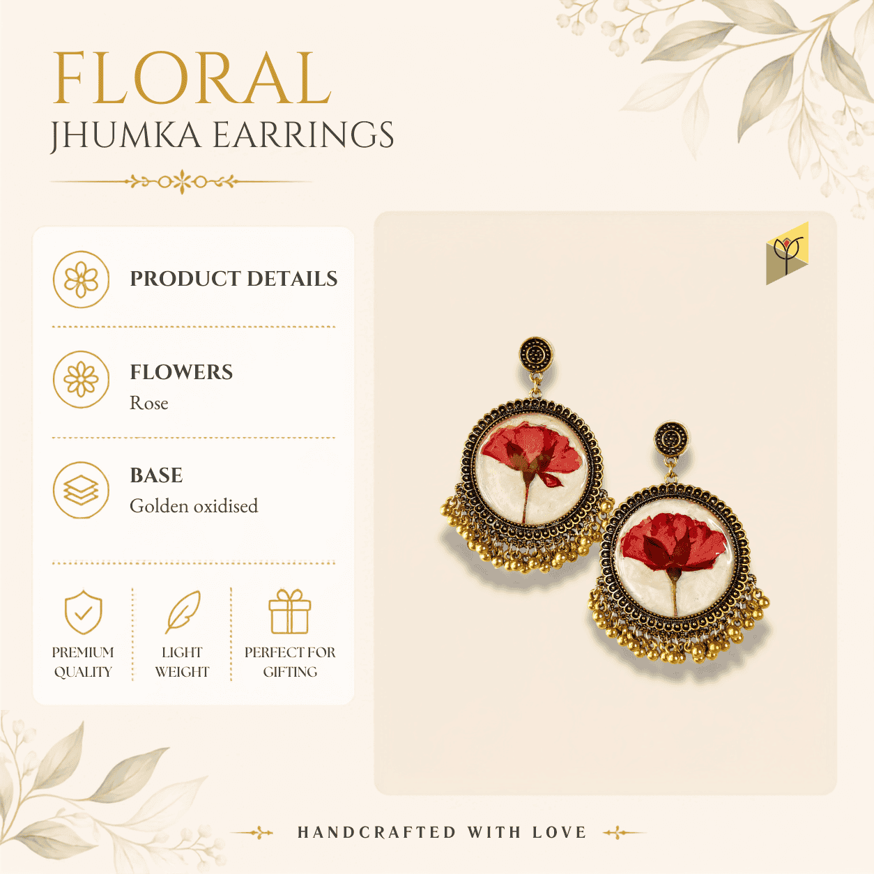 Sundried Rose Jhumka product details - real flower, oxidised finish specifications