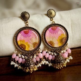 MystikFalls Honey Blush Jhumkas Real pressed golden daisy and pink aster in pink resin with antique gold round frame
