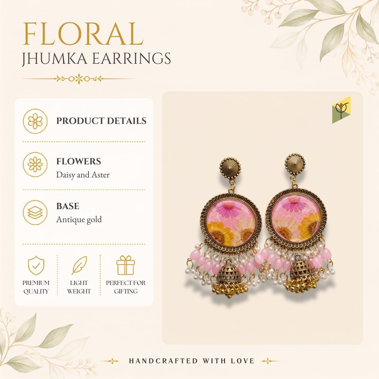 MystikFalls Honey Blush Jhumkas on marble surface Handcrafted botanical resin jhumka earrings with preserved daisy and aster in antique gold finish with pearl fringe