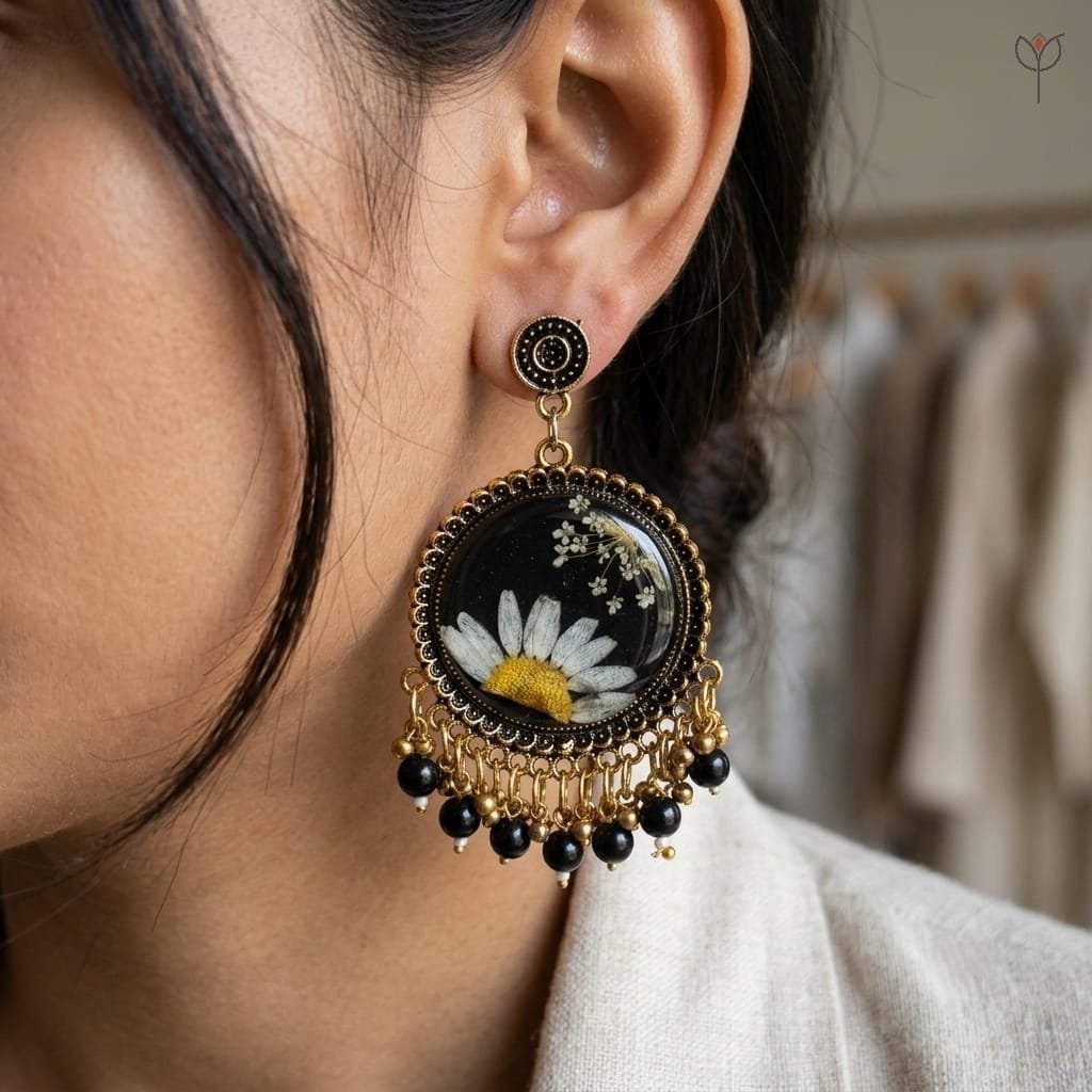 mystikfalls-meadow-noir-jhumkas-antique-gold-flower-jhumka MystikFalls Meadow Noir Jhumkas Preserved daisy and Queen Anne's lace in black resin with ornate antique gold jhumka frame