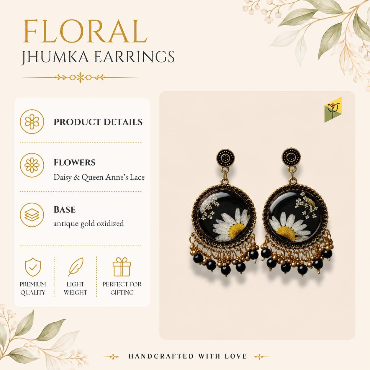 mystikfalls-meadow-noir-jhumkas-black-resin-flower-earrings MystikFalls Meadow Noir Jhumkas Handcrafted botanical resin drop earrings featuring real dried daisy on black base