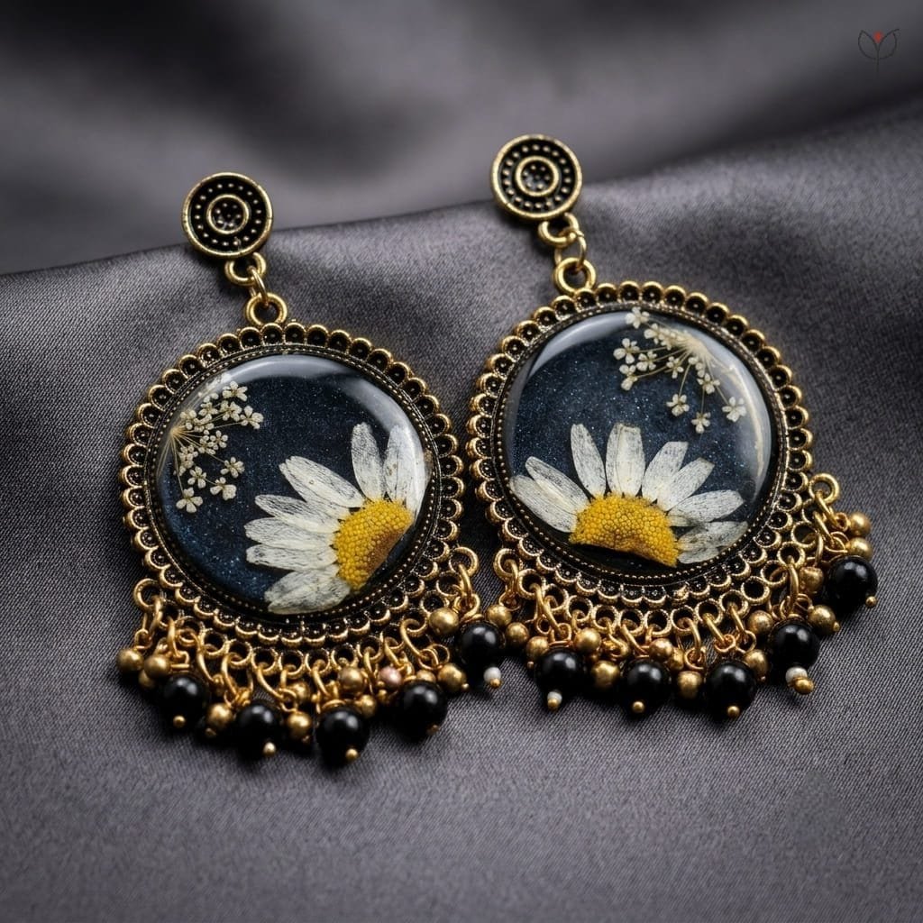 mystikfalls-meadow-noir-jhumkas-handmade-botanical-jewelry MystikFalls Meadow Noir Jhumkas Real flower botanical resin jhumka earrings in antique brass setting with black bead dangles
