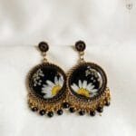 MystikFalls Meadow Noir Jhumkas Handmade pressed daisy and Queen Anne's lace resin earrings with antique gold oxidized finish