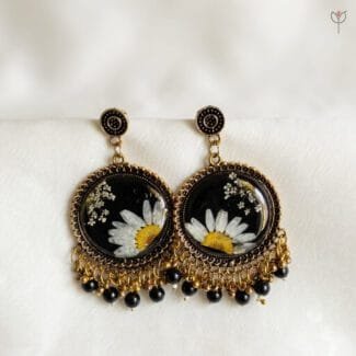 MystikFalls Meadow Noir Jhumkas Handmade pressed daisy and Queen Anne's lace resin earrings with antique gold oxidized finish
