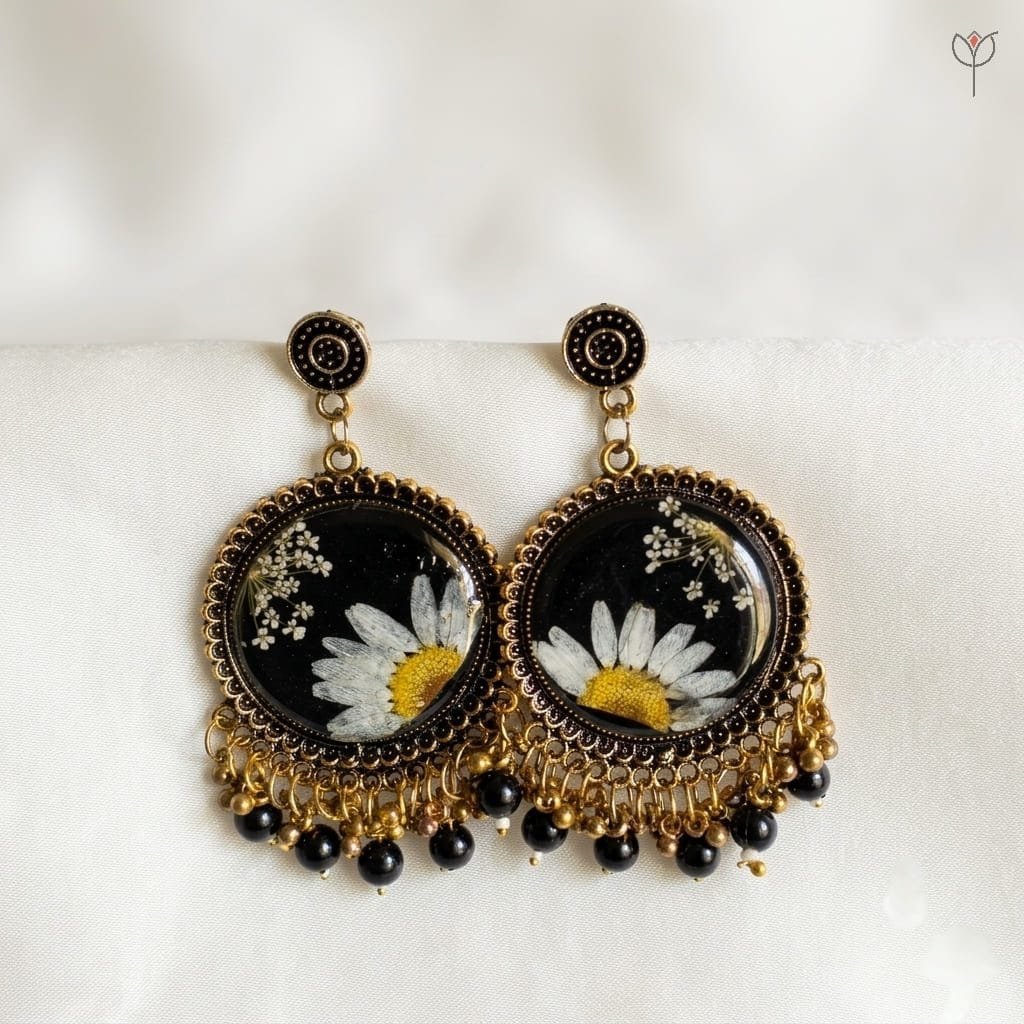 mystikfalls-meadow-noir-jhumkas-pressed-daisy-resin-earrings MystikFalls Meadow Noir Jhumkas Handmade pressed daisy and Queen Anne's lace resin earrings with antique gold oxidized finish