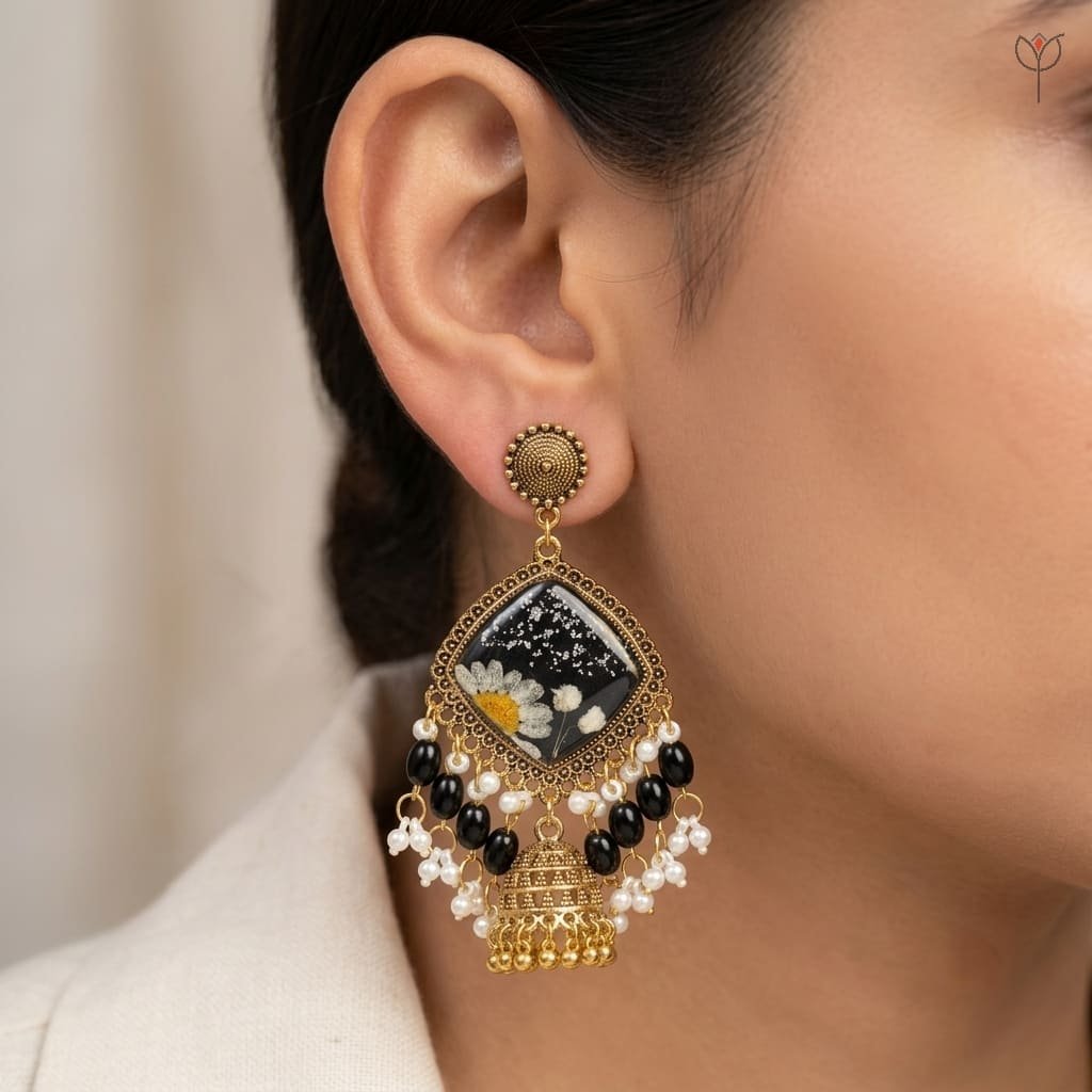 mystikfalls-midnight-garden-jhumkas-on-model-side-profile MystikFalls Midnight Garden Jhumkas worn by model Antique gold chandelier resin flower jhumka earrings showing drop length and bead movement