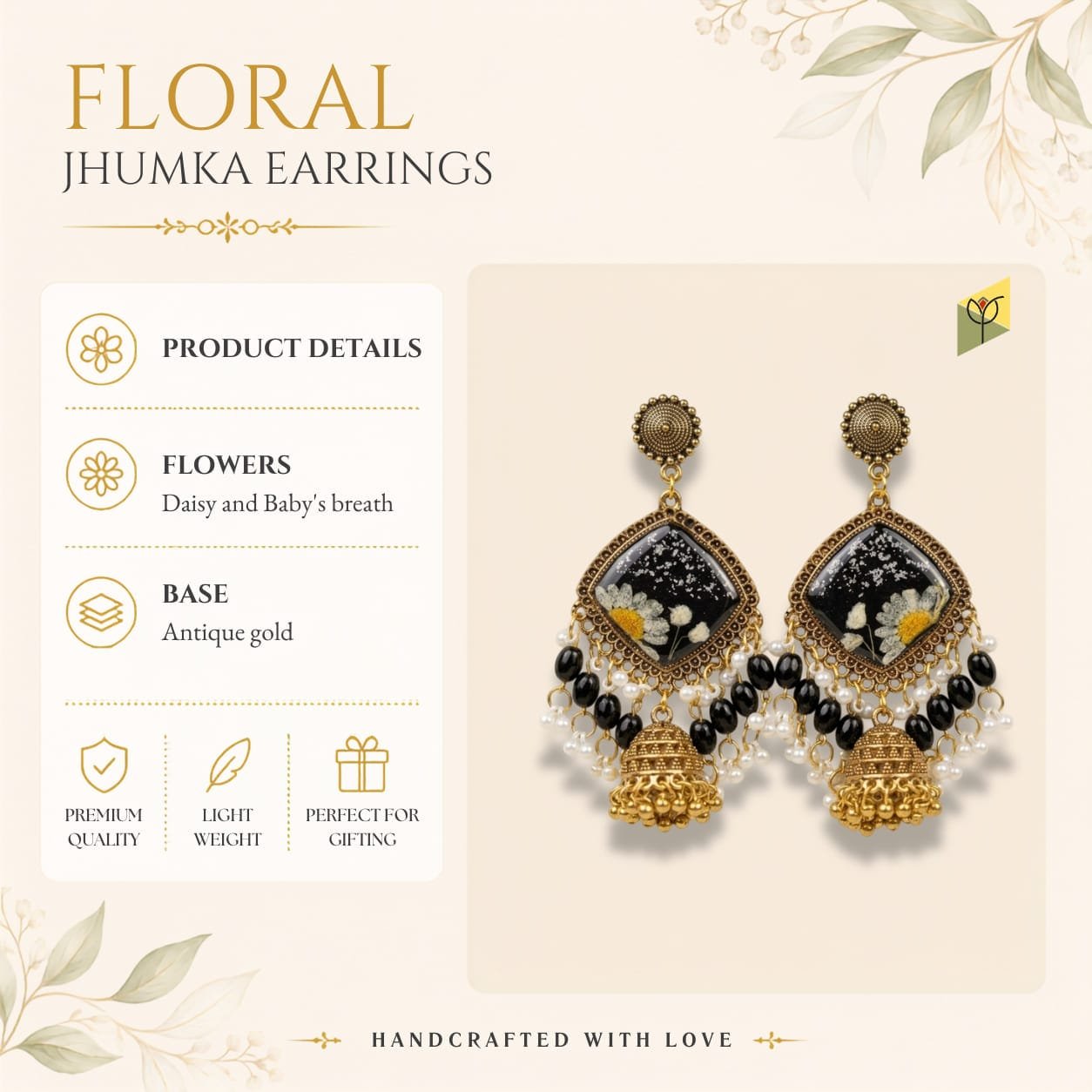 mystikfalls-midnight-garden-jhumkas-styled-with-dried-flowers MystikFalls Midnight Garden Jhumkas styled with fresh daisies and dried flowers Handcrafted botanical resin jhumka earrings in antique gold finish