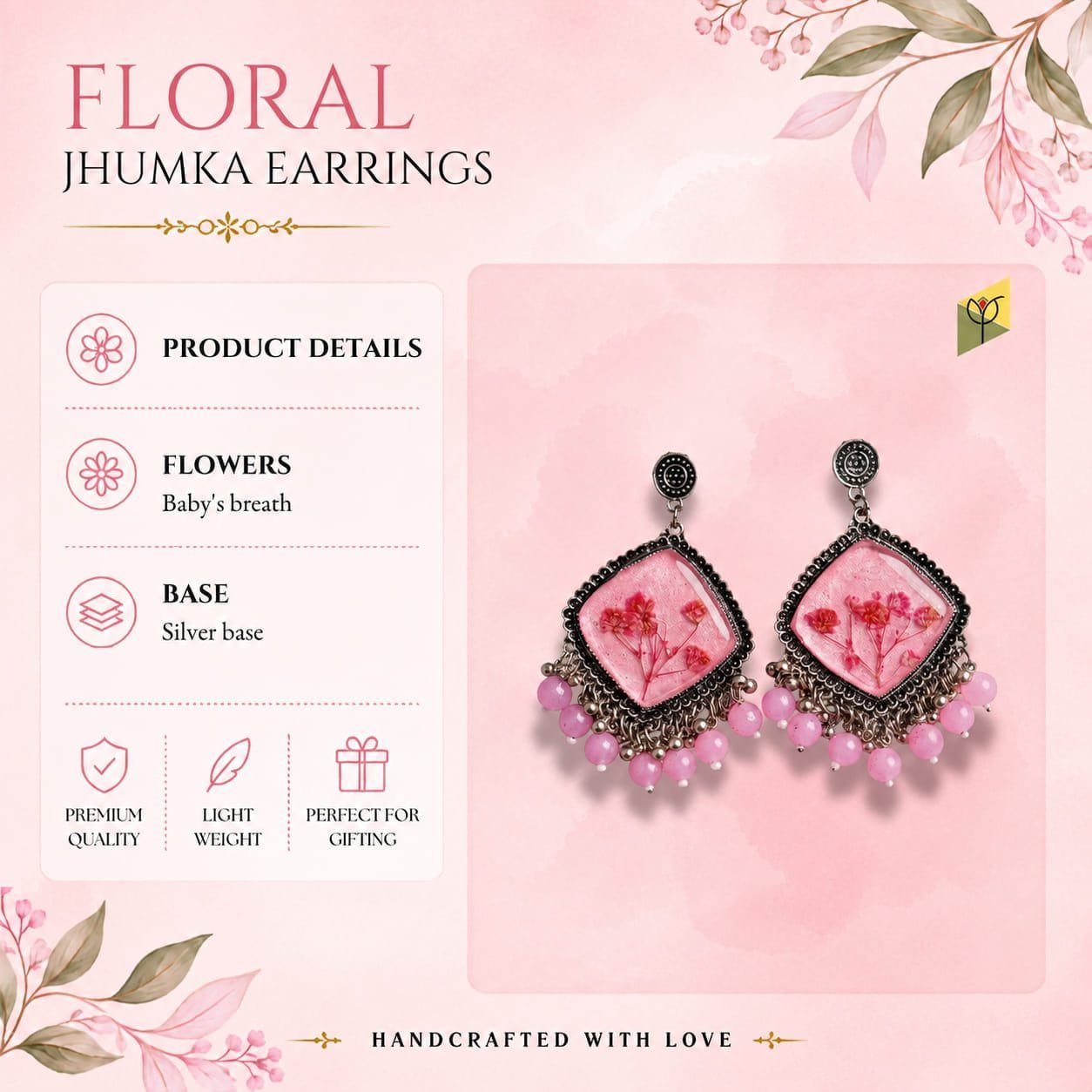 mystikfalls-pink-frost-jhumkas-angled-view-silver-frame-bead-detail MystikFalls Pink Frost Jhumkas styled on natural linen fabric with scattered dried baby's breath – Handcrafted botanical resin jhumka earrings in silver oxidised finish