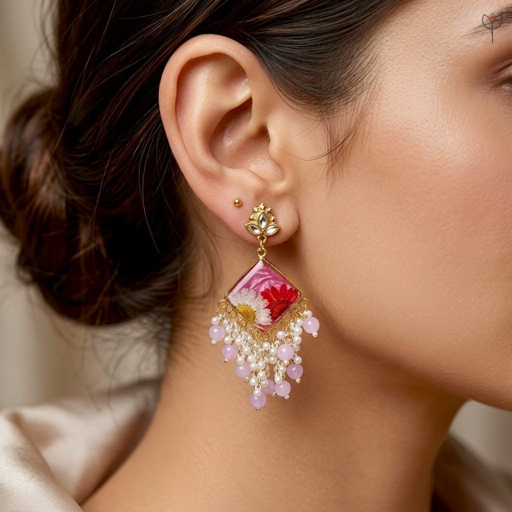 mystikfalls-rose-dew-jhumkas-on-model-side-profile MystikFalls Rose Dew Jhumkas worn by model Golden pressed flower resin jhumka earrings showing pearl and pink bead cascade movement