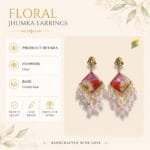 MystikFalls Rose Dew Jhumkas styled on golden silk fabric with brass accessoriesHandcrafted botanical resin jhumka earrings with pink bead and pearl fringe