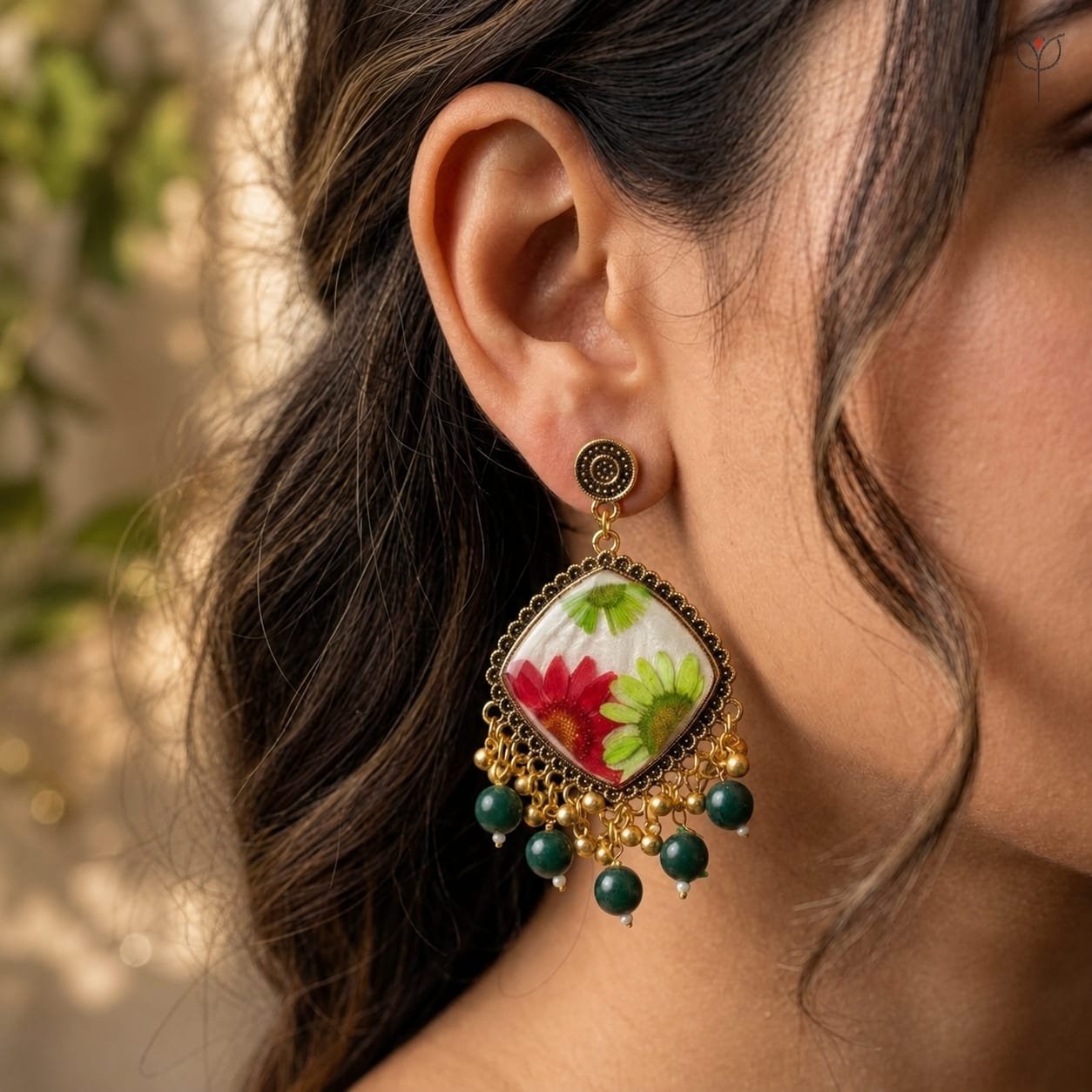 mystikfalls-scarlet-garden-jhumkas-on-model-side-profile MystikFalls Scarlet Garden Jhumkas worn by model Antique gold pressed flower resin jhumka earrings