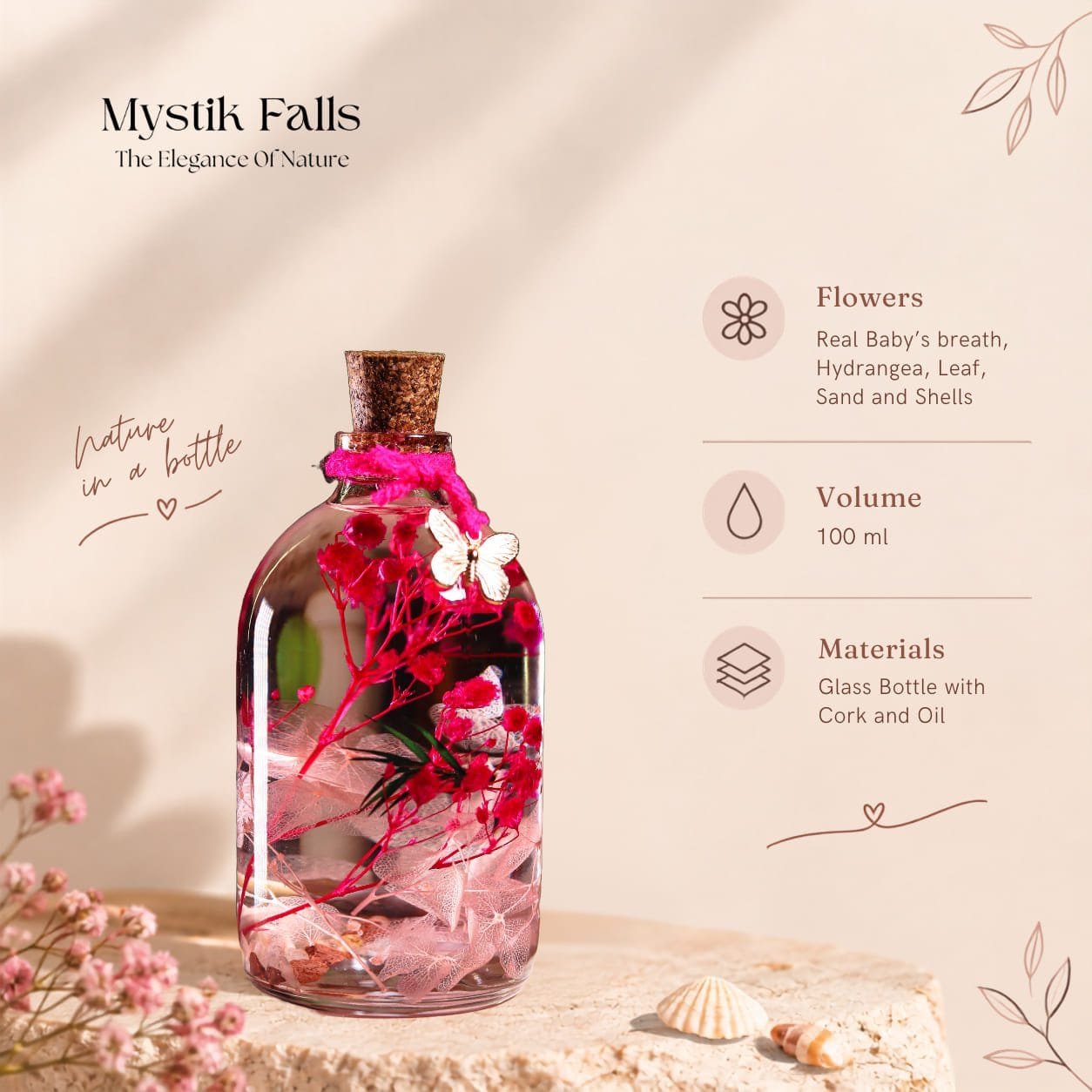 100ml cork glass bottle with preserved real flowers sand and shells ideal for desk and shelf decor in India