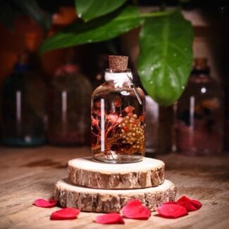 Berry Blush Glass Garden with real preserved pink baby's breath and golden berries in mineral oil cork bottle by MystikFalls