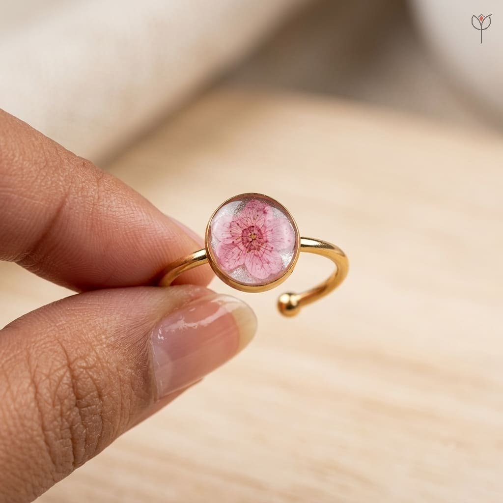 cherry-spell-ring-close-up-pressed-plum-blossom-resin-detail Close-up of dried pink plum blossom sealed in clear resin on the Cherry Spell Ring from Mystik Falls