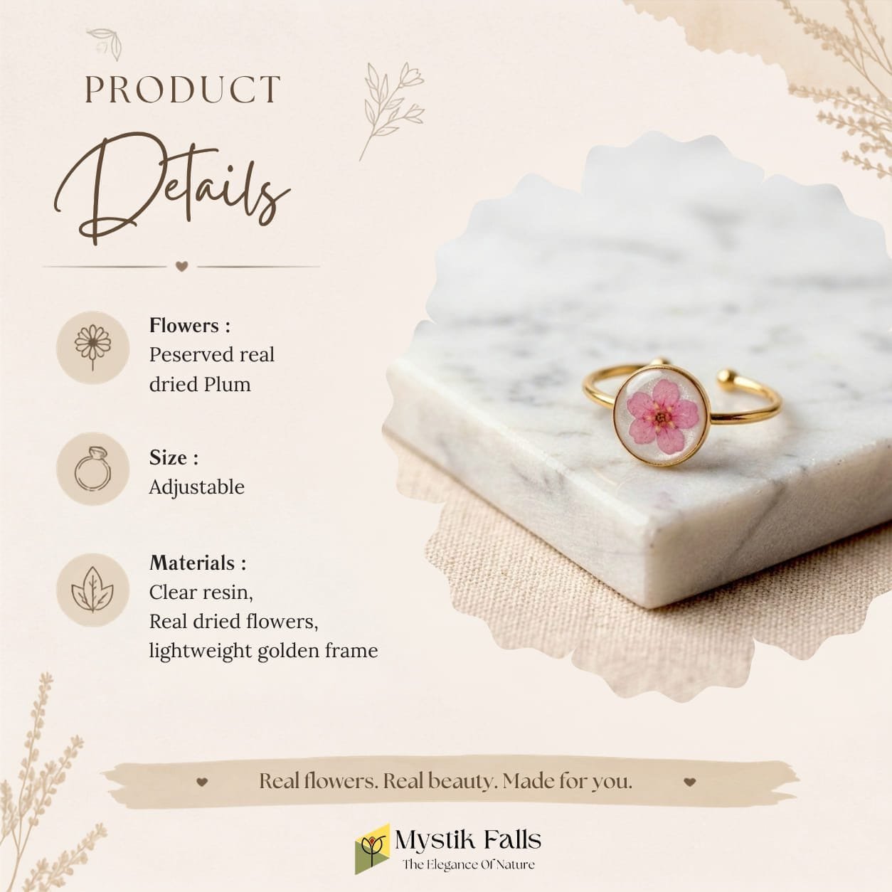 cherry-spell-ring-marble-slab-linen-backdrop-styling Cherry Spell Ring placed on white marble slab with linen fabric backdrop showing minimal botanical jewellery styling