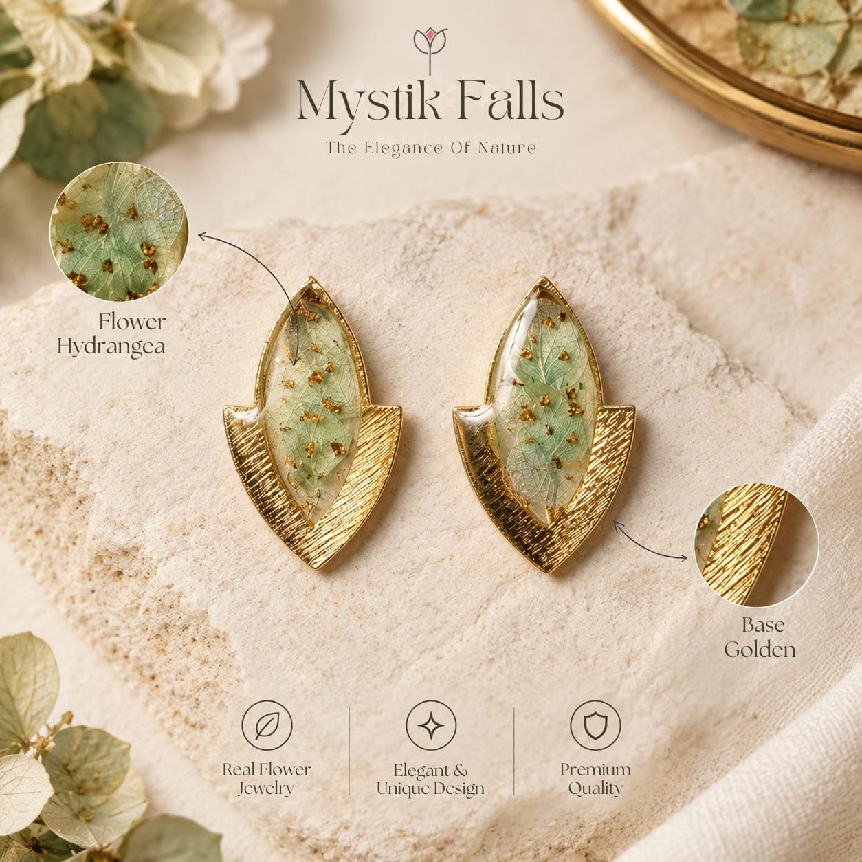 elara-resin-earrings-hydrangea-petal-gold-foil-detail Close-up of Elara Resin Earrings showing delicate green hydrangea petals and gold foil embedded in clear resin with a brushed gold chevron base