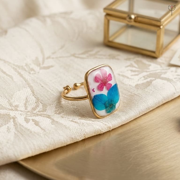 fae-garden-ring-on-green-marble-jewellery-box-styling Fae Garden Ring displayed on green marble surface with emerald stones and gold leaf accents next to jewellery box