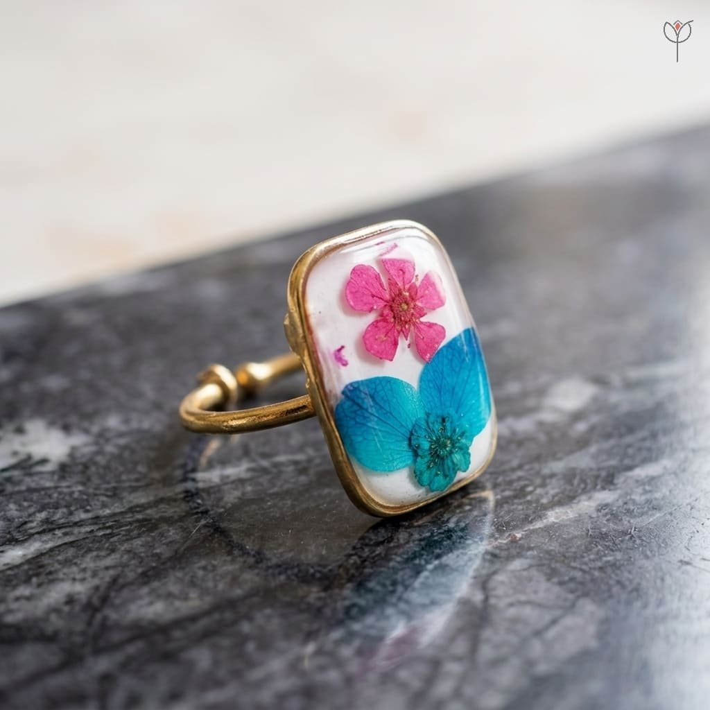 fae-garden-ring-pressed-plum-flower-hydrangea-resin Fae Garden Ring with dried plum flower and blue hydrangea set in resin with gold-tone anti-tarnish band by Mystik Falls