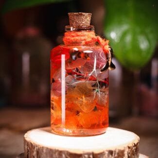 Golden Hour Glass Garden close-up of real dried golden botanicals and preserved flowers in clear mineral oil