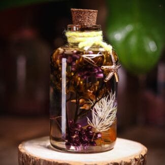 Island Sunset Glass Garden close-up of real preserved orange and golden botanicals floating in clear mineral oil