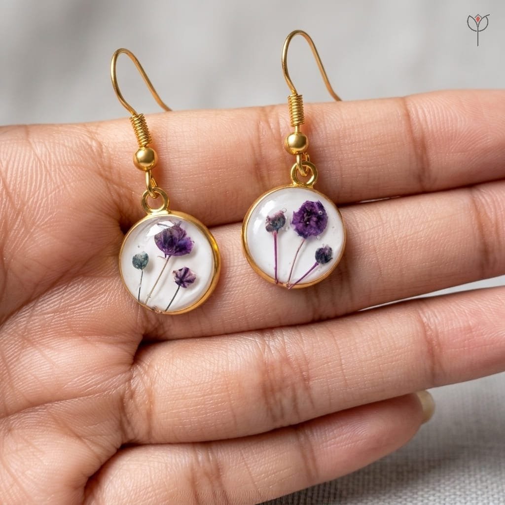 lavinia-resin-earrings-handcrafted-botanical-drop-jewellery-india Lavinia Resin Earrings styled as handcrafted botanical drop jewellery with real preserved purple flowers in resin and antique gold hooks