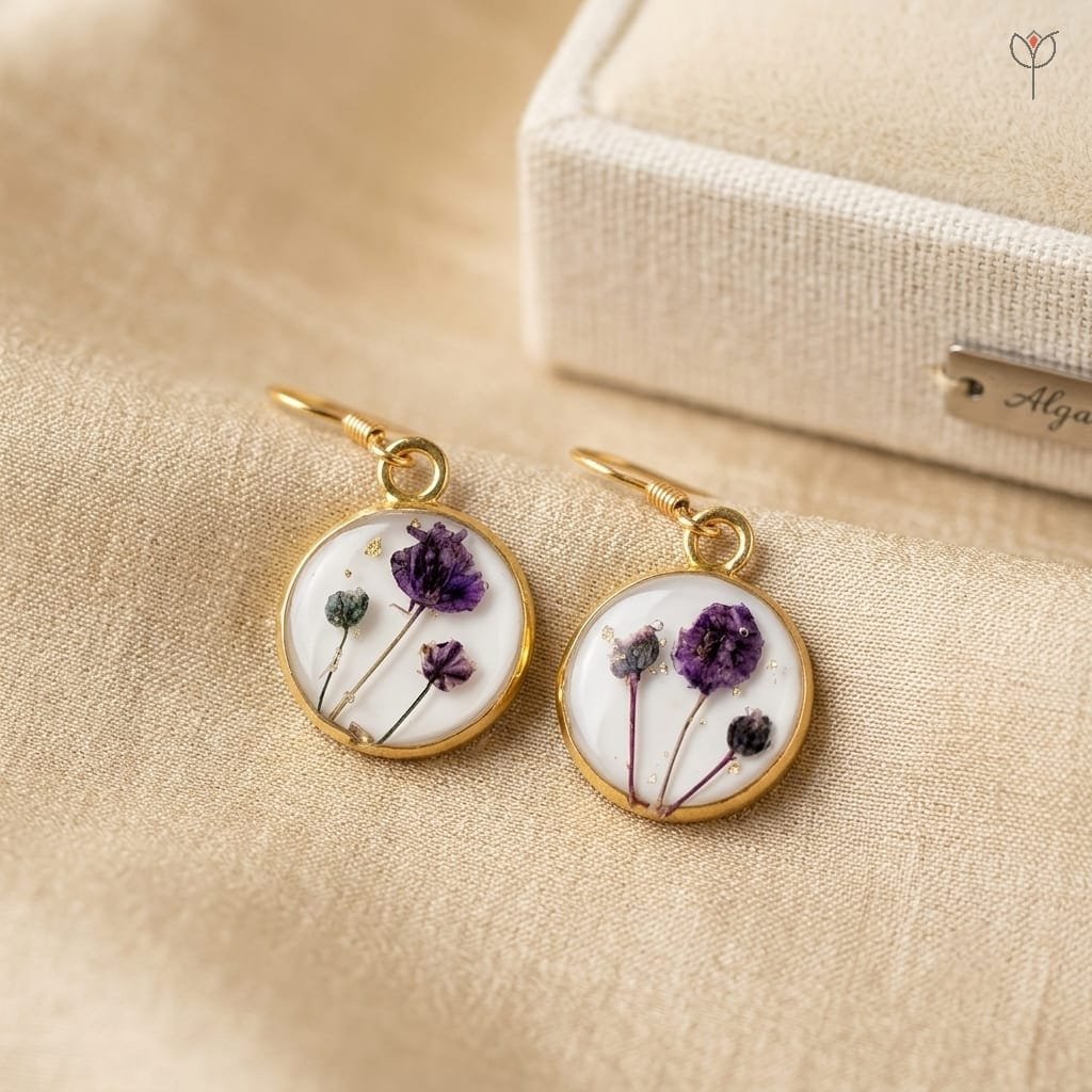 lavinia-resin-earrings-purple-baby-breath-gold-drop-mystikfalls Lavinia Resin Earrings featuring preserved purple baby's breath in a round golden frame with antique gold fish hooks by MystikFalls