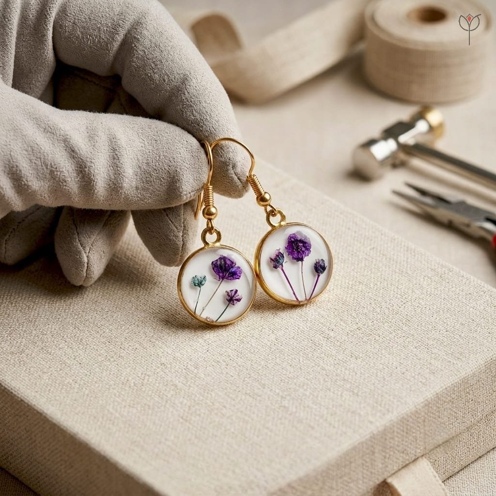 lavinia-resin-earrings-purple-baby-breath-gold-round-pair Pair of Lavinia Resin Earrings with preserved purple baby's breath in round resin pendants set in antique golden bezels by MystikFalls