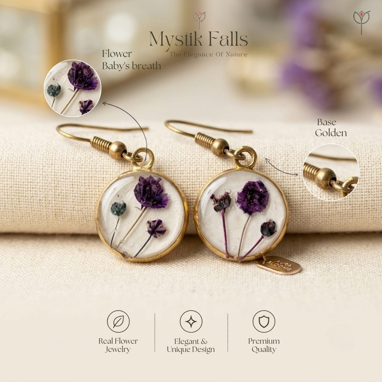 lavinia-resin-earrings-purple-baby-breath-resin-detail Close-up of Lavinia Resin Earrings showing dried purple baby's breath stems preserved in clear resin within a round antique gold bezel