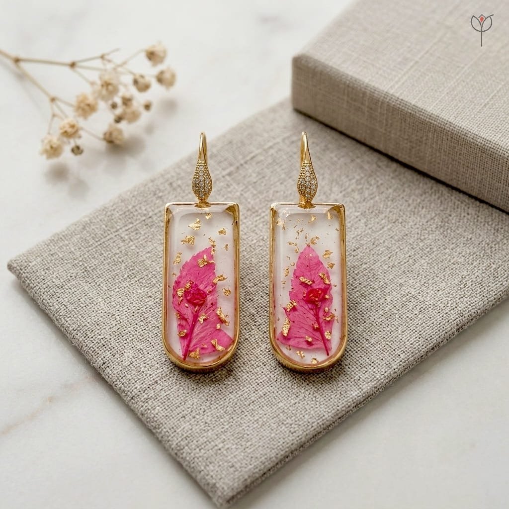 Liora Resin Earrings styled as handcrafted botanical drop jewellery with real preserved pink leaf in resin and gold-toned pavé ear hooks