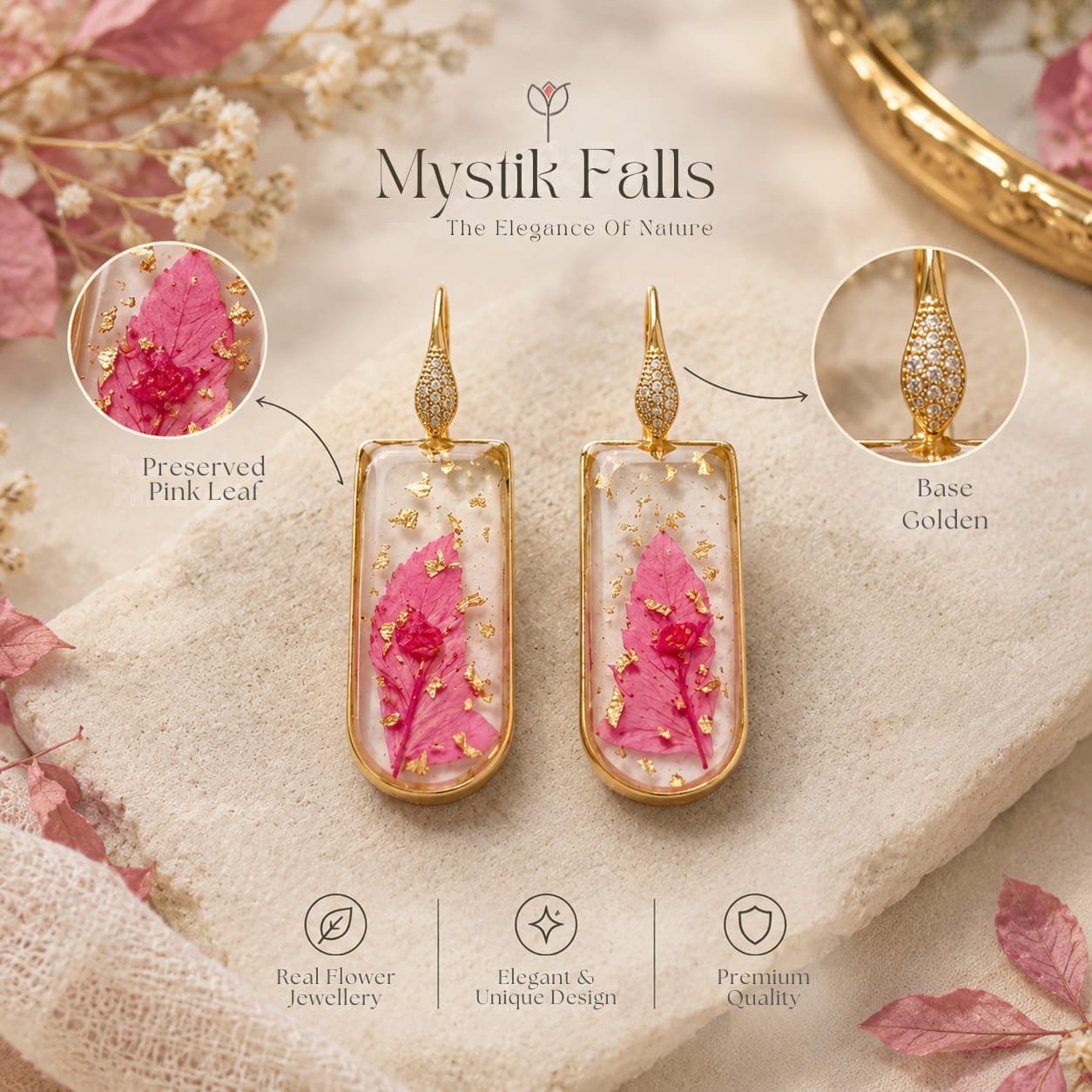 Close-up of Liora Resin Earrings showing pressed pink leaf and scattered gold foil embedded in clear resin within a rounded rectangular gold frame