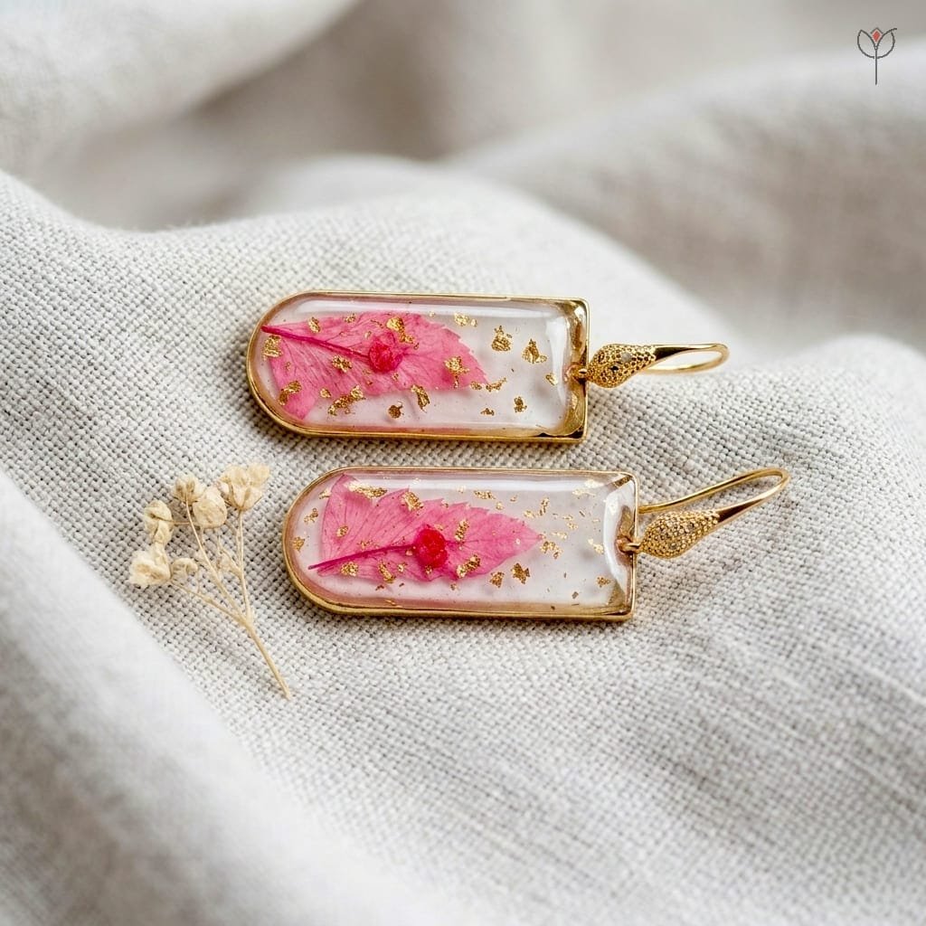 Pair of Liora Resin Earrings with preserved pink leaf and gold foil in rectangular resin pendants set in golden frames by MystikFalls