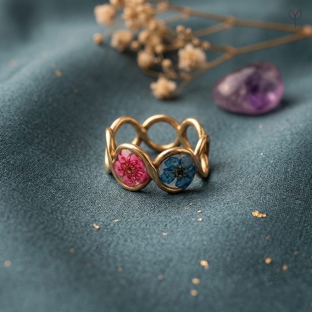 mystic-trio-resin-ring-dried-plum-flower-three-stone-gold-tone Mystic Trio Resin Ring with three dried plum flowers in yellow pink and blue set in gold-tone anti-tarnish band by Mystik Falls