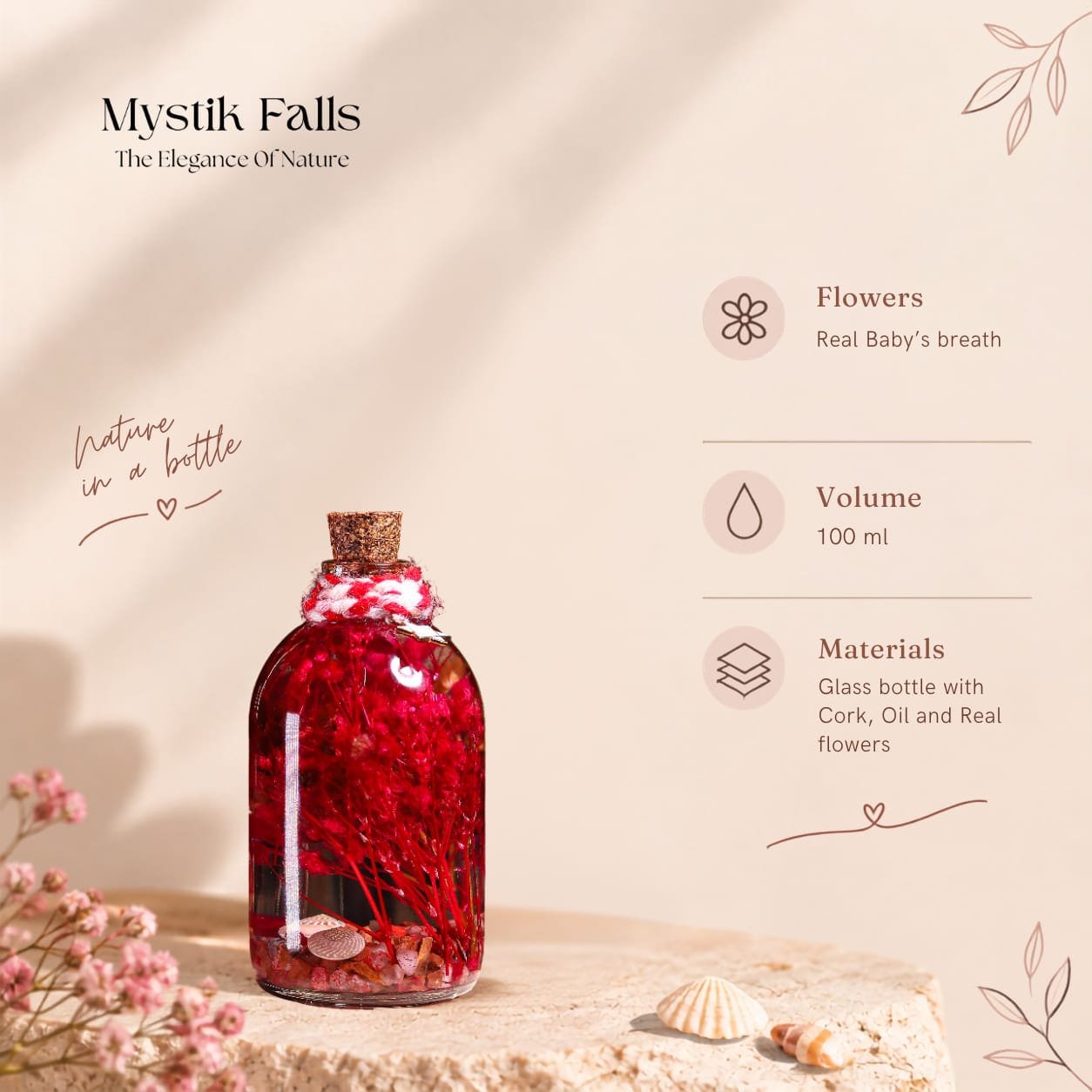 pink-spellbound-glass-garden-handmade-botanical-cork-bottle Pink Spellbound Glass Garden handmade botanical cork glass bottle with preserved pink florals sand and shells