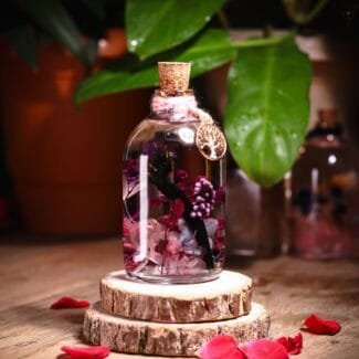 Purple Serenity Glass Garden with real preserved purple flowers in mineral oil cork bottle by MystikFalls