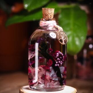 Purple Serenity Glass Garden close-up of real preserved purple hydrangea and lavender botanicals in clear mineral oil