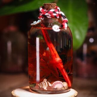 Red Tide Glass Garden close-up of real preserved deep red leaves and dark green foliage floating in mineral oil