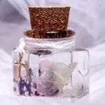 Secret Key Glass Garden tiny cube bottle displayed as mini botanical desk decor on a wooden log stand