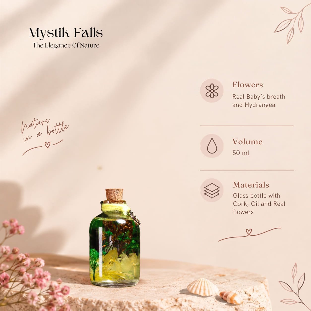 Sunlight On The Forest Glass Garden handmade cork glass bottle with layered green botanicals sand and preserved flowers